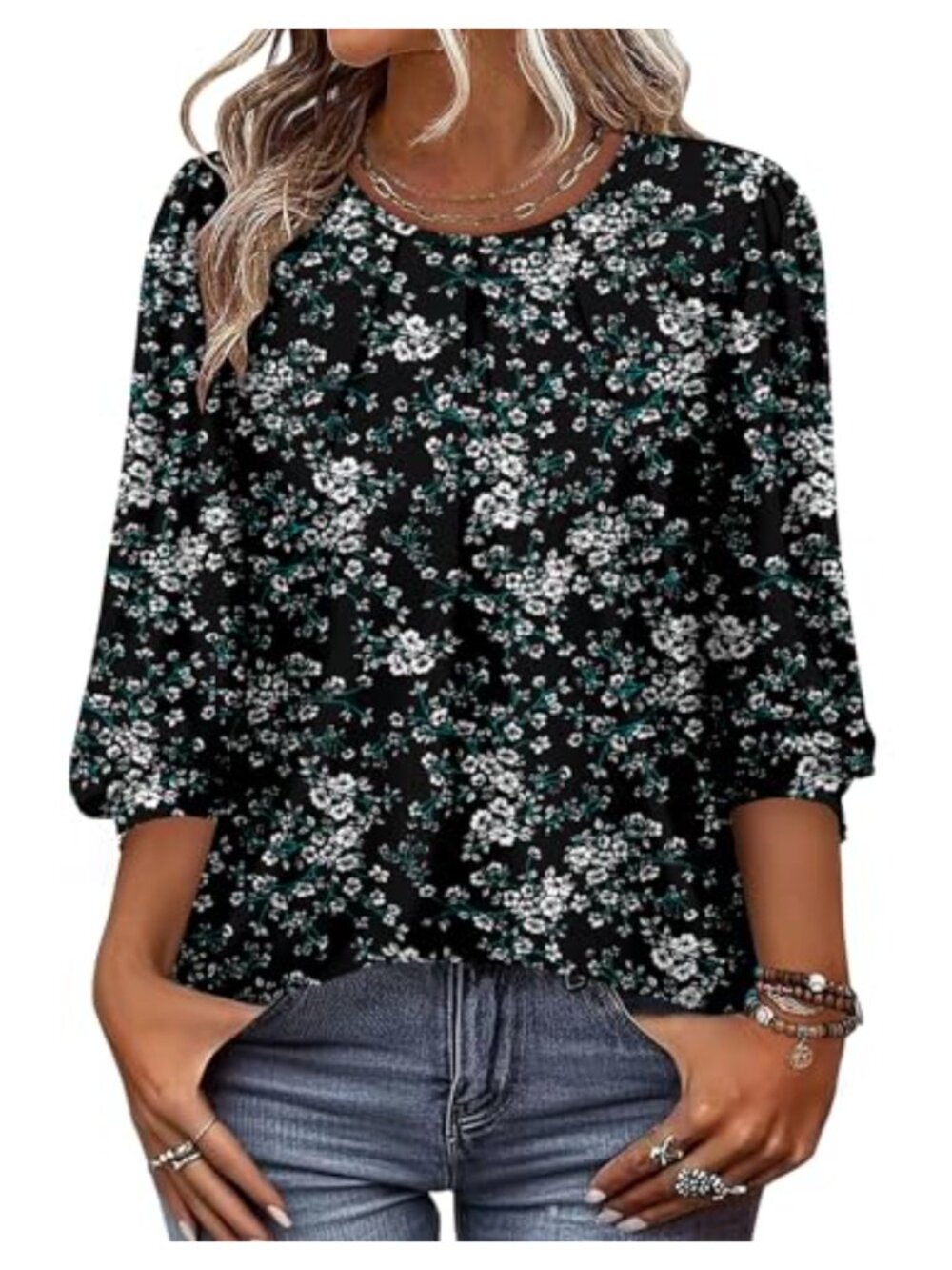 Womens 3/4 Puff Sleeve Tunic Top Crewneck Loose Fit Blouse